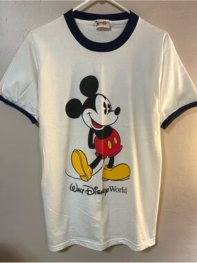 Vtg 90s Walt Disney World Mickey Mouse Ringer Tee | White/Navy | Men’s M